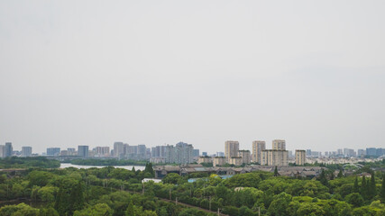 Fototapeta na wymiar Panoramic view of South Lake scenic area and city skyline in Jiaxing, China