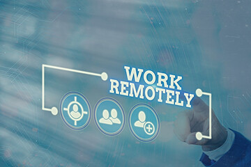 Conceptual hand writing showing Work Remotely. Concept meaning fresh working style where employees handles job away from the public Information digital technology network infographic elements
