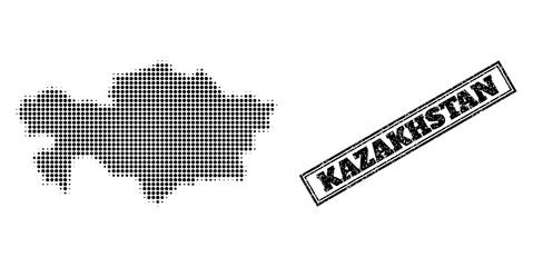 Fototapeta na wymiar Halftone map of Kazakhstan, and unclean stamp. Halftone map of Kazakhstan made with small black circle items. Vector seal with unclean style, double framed rectangle, in black color.
