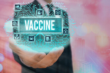 Conceptual hand writing showing Vaccine. Concept meaning preparation of killed microorganisms or...