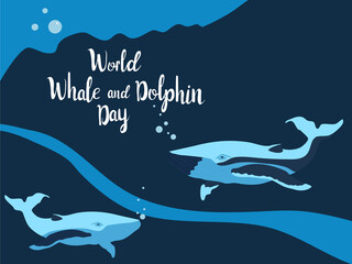 World Whale and Dolphin day 23 july vector poster.Hand drawn whales swim in ocean with lettering,waves and bubbles.Holiday celebration concept.Environmental protection.Ocean day.No plastic in sea