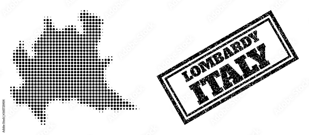 Poster halftone map of lombardy region, and scratched seal. halftone map of lombardy region designed with s