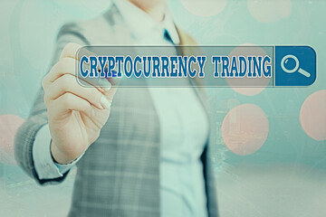 Writing note showing Cryptocurrency Trading. Business concept for act speculating on price movements via a CFD account Web search digital information futuristic technology network connection