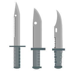 Set of hunting knives. Sharp grey blade with a handle. dangerous weapon for camping and hunt. Cartoon flat illustration