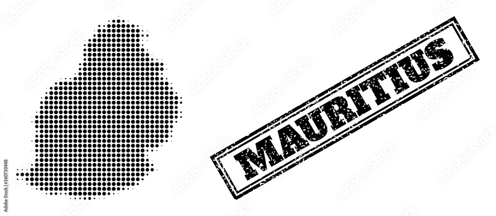 Poster halftone map of mauritius island, and textured seal. halftone map of mauritius island designed with 