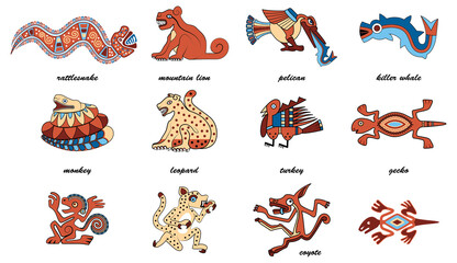 Set of Native American  Pre Columbian Aztec Animal Vector Illustrations © Anna Repp