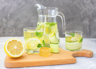 Lemon drink with cucumber and mint. Cooling drink.  Pour a drink into a glass