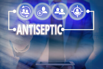 Writing note showing Antiseptic. Business concept for antimicrobial agents that delays or...
