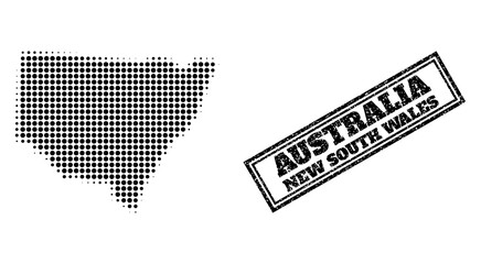 Halftone map of New South Wales, and scratched watermark. Halftone map of New South Wales constructed with small black circle pixels. Vector watermark with unclean style, double framed rectangle,