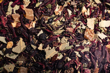 Macro from assorted tea leaves and fruits
