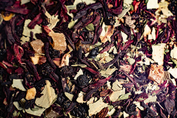 Macro from assorted tea leaves and fruits
