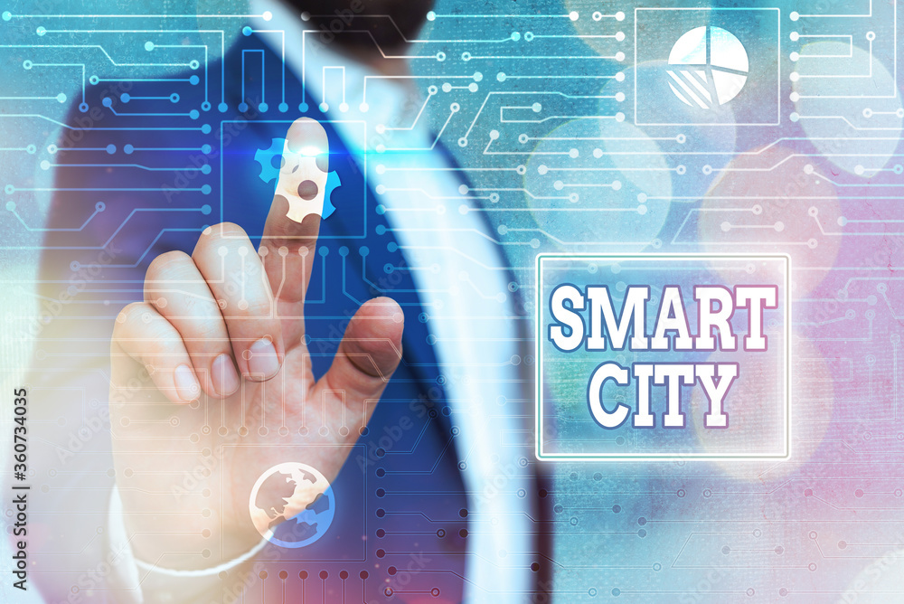Poster text sign showing smart city. business photo showcasing an urban area that uses communication techno