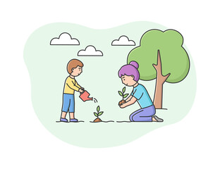 Gardening Concept. People Are Gardening, Planting And Watering Plants And Trees. Mother And Little Son Are Working Outdoor in The Garden With Professional Equipment. Cartoon Flat Vector Illustration
