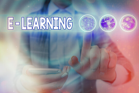 Word writing text E learning. Business photo showcasing training through electronic media usually over the internet Futuristic icons solar system. Elements of this image furnished by NASA