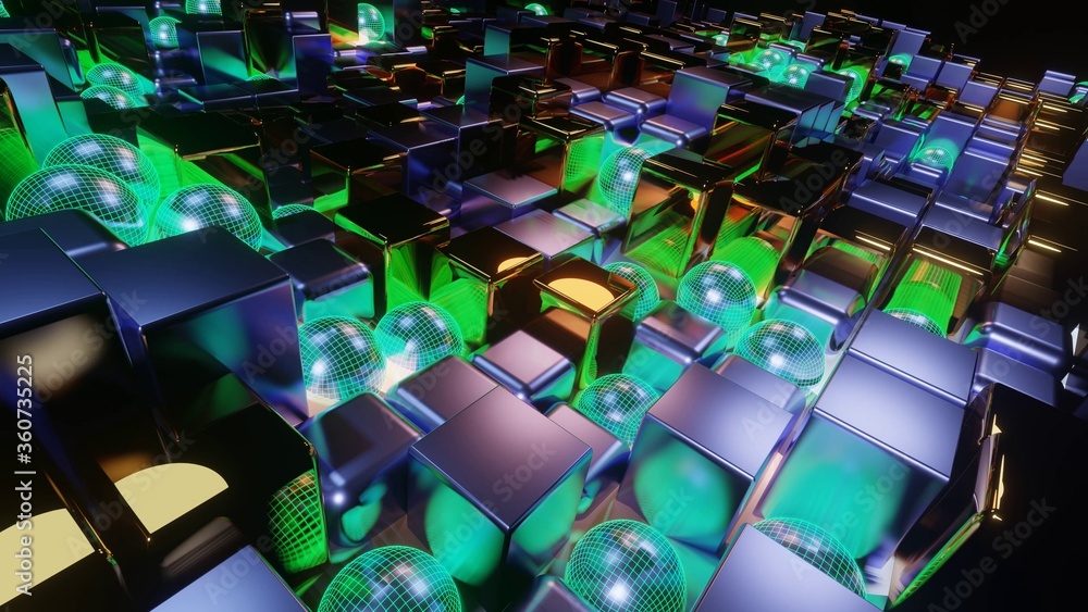 Poster 3d rendering of colorful neon cubical illuminated tiles forming a mosaic background