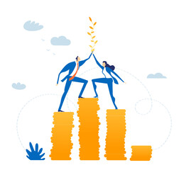 Business people working together for the deal, investment, project. People, bank workers are stand on coin stacks. Financial, savings, mortgage idea. Modern flat design business concept illustration  