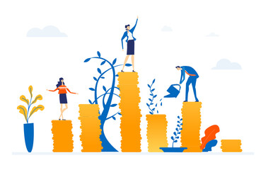Business people growing money trees. People, bank workers are stand on coin stacks. Financial, savings, mortgage idea. Modern flat design business concept illustration  