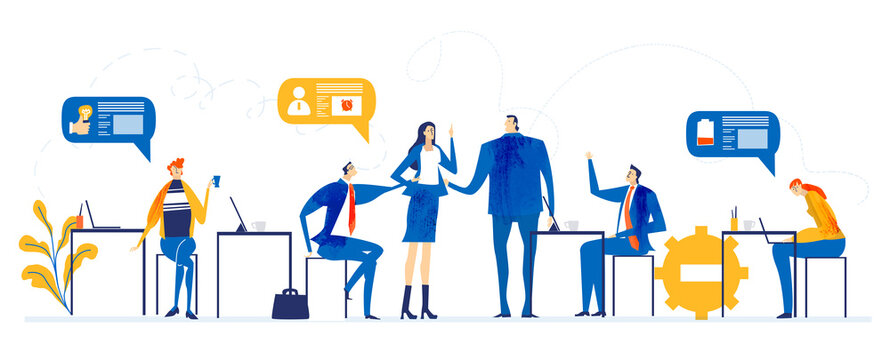 Business people in meeting room, office. Business meeting, discussing the deal. making  progress, finding solution. Work together. Modern flat design business concept illustration  