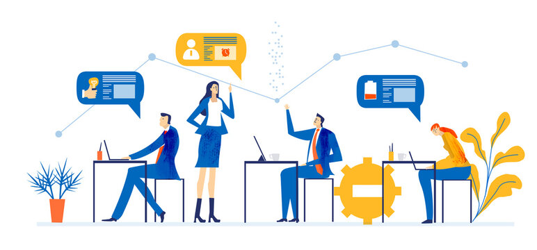 Business people in meeting room, office. Business meeting, discussing the deal. making  progress, finding solution. Work together. Modern flat design business concept illustration  