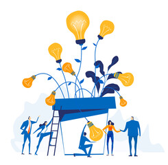 Successful creative and business people working around the plant with light bulbs as symbol of finding solution, moving the project, achievement and success. Modern flat design business concept
