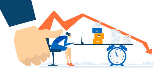 Businesswoman working under the stress and pressure of big boss. Financial and economical crisis, dead line, overloaded with problems and tiredness. Modern flat design business concept illustration  
