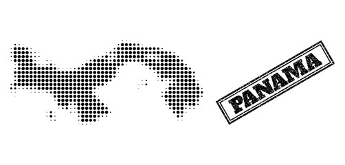 Halftone map of Panama, and grunge seal stamp. Halftone map of Panama generated with small black circle points. Vector seal with corroded style, double framed rectangle, in black color.