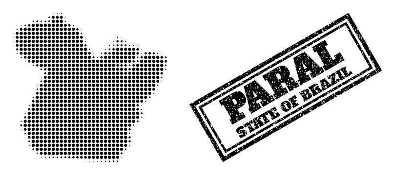 Halftone map of Paral State, and rubber seal. Halftone map of Paral State constructed with small black circle dots. Vector seal with distress style, double framed rectangle, in black color.