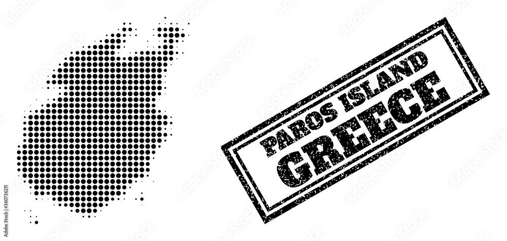 Poster halftone map of paros island, and textured seal. halftone map of paros island constructed with small