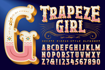 An Ornate Circus Style Alphabet with Metallic Gold Accents and Detailed Flourishes © Mysterylab