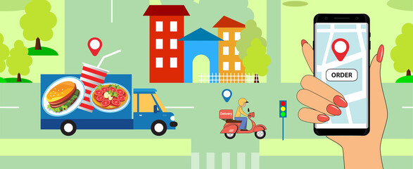 Online Fast Food Delivery Service. Vector image of a scooter and a truck with food on the background of urban buildings and streets with roads and trees of the city. Smartphone for ordering food onlin