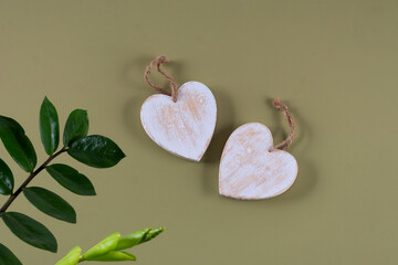 White wooden hearts in rustic style on green