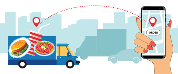 Fototapeta premium Online Fast Food Delivery Service. Vector image of a truck and a smartphone for an order with home delivery on the background of urban city buildings