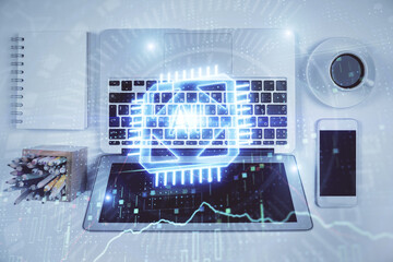 Multi exposure of data theme drawing hologram over topview work desk background with computer. Concept of technology.