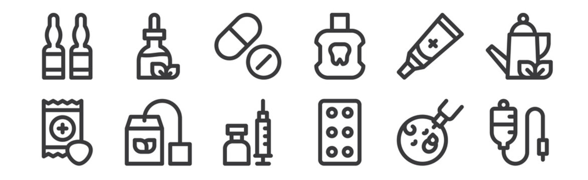 12 Set Of Linear Medicine Icons. Thin Outline Icons Such As Iv Bag, Tablets, Herbal Tea, Ointment, Pills, Tincture For Web, Mobile.