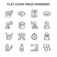 set of 16 flat covid virus pandemic concept vector line icons. 64x64 thin stroke icons such as respirator, snot, sneeze, stopwatch, alcohol, stethoscope, chart, , respirator