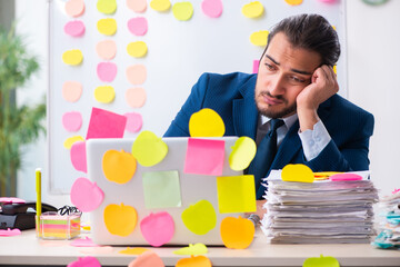 Young male employee in conflicting priorities concept
