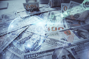 Double exposure of data theme drawing over us dollars bill background. Technology concept.