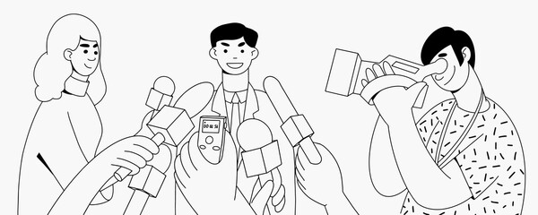 Press conference reporter hands with microphones and recorder. cameraman TV News. Doodle simple line style drawing vector illustation