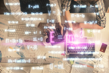 Double exposure of man and woman working together and formula hologram drawing. Computer background. Top View. Education concept.
