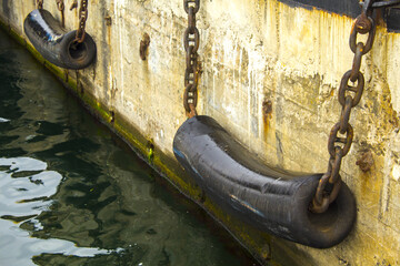 The small pier with bollards and fenders on a summer day