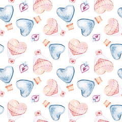 Watercolor hand painted air balloon illustration. Seamless pattern on white background. Balloons in shape of heart, strawberry clipart. Perfect for textile design, fabric, wrapping paper, scrapbooking