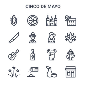 Set Of 16 Cinco De Mayo Concept Vector Line Icons. 64x64 Thin Stroke Icons Such As Lime, Machete, Agave, Tequila, Salt And Pepper, House, Avocado, Mexican, Cinco De Mayo