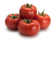 Pyramid combined from five ripe tomatoes covered with drops of water