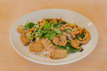 Rice pasta with fresh vegetables and tofu