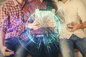 Double exposure of business theme drawing and man and woman working together holding and using a mobile device.