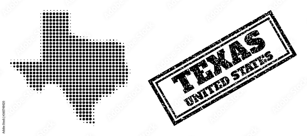 Poster halftone map of texas state, and rubber seal. halftone map of texas state designed with small black 