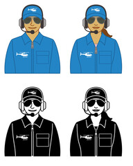 set of helicopter pilot vector icons male and female, wearing jacket, cap and headset, isolated on a white background © yojo