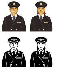 set of airline pilot, captain vector icons male and female, wearing suit, tie and cap, isolated on a white background