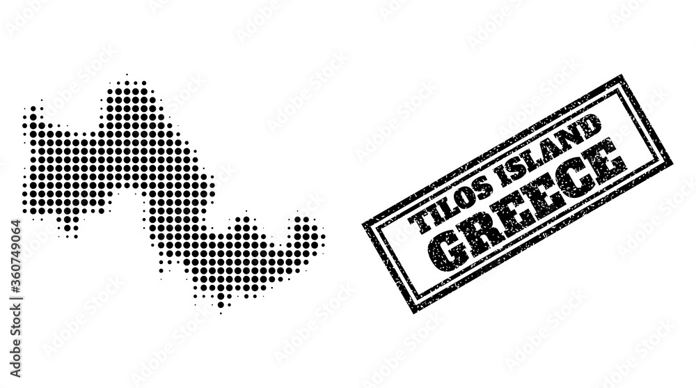 Poster halftone map of tilos island, and scratched seal stamp. halftone map of tilos island generated with 