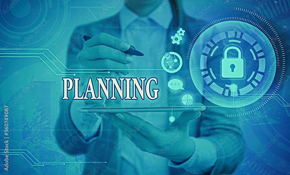 Poster Word writing text Planning. Business photo showcasing achieving desired results is the first and foremost assignment Graphics padlock for web data information security application system